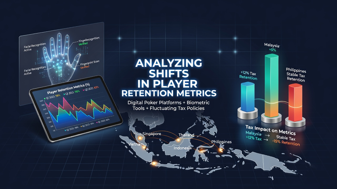 Digital poker interface showing biometric login options overlaid on Southeast Asian regulatory maps
