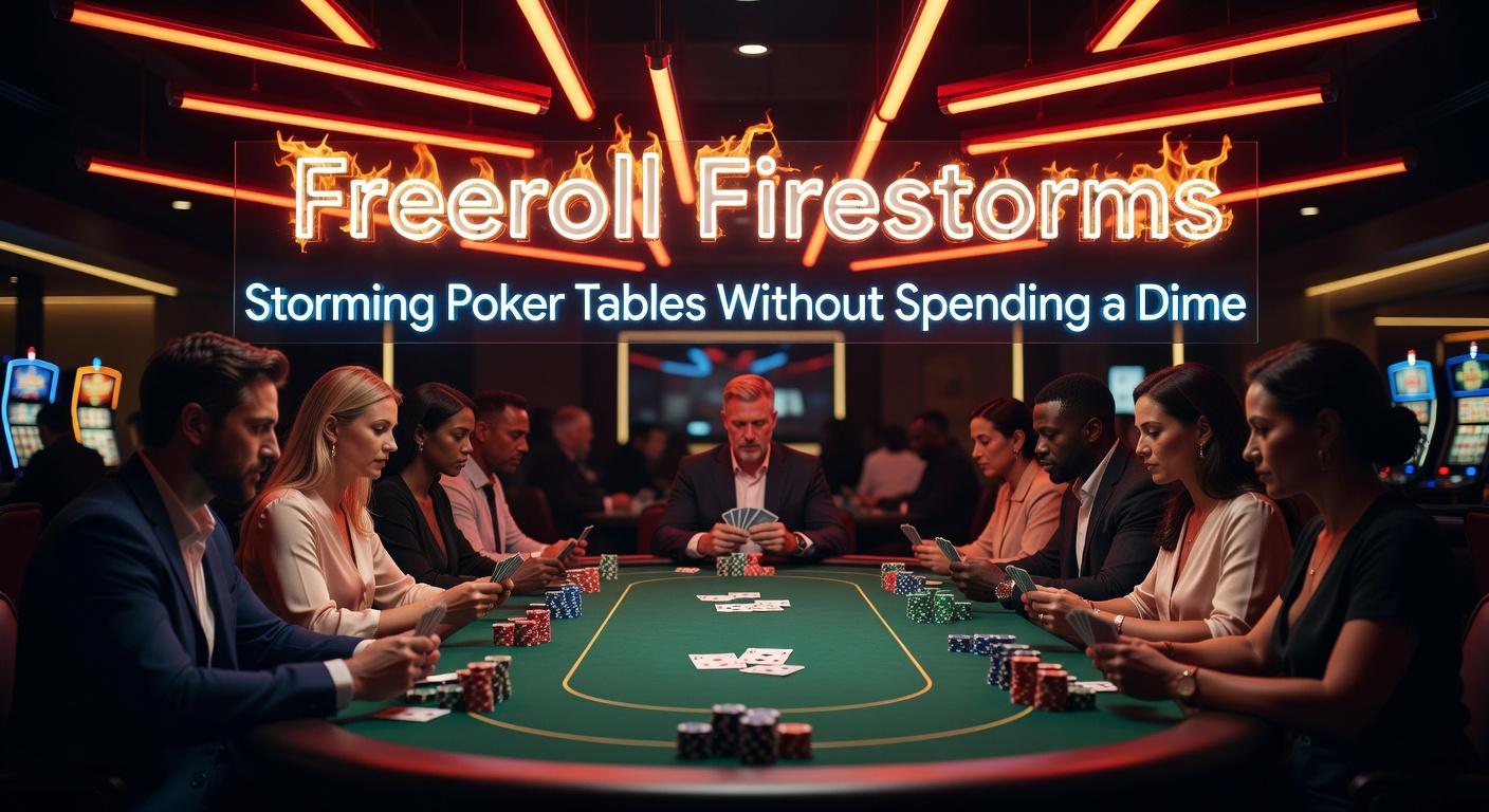 A vibrant poker table scene with players intensely focused during a high-stakes freeroll tournament, chips stacked high and cards flying