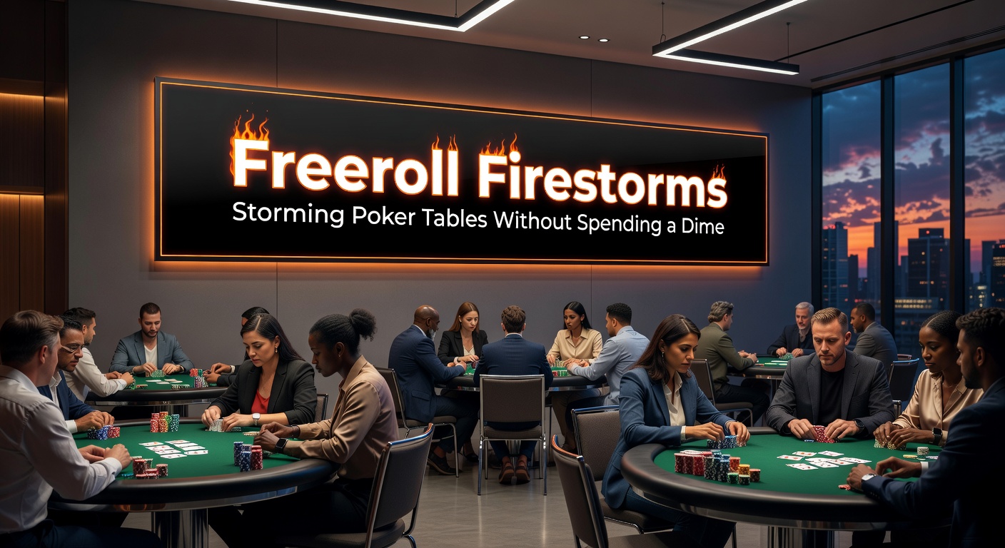 Players celebrating a massive freeroll victory on a digital poker interface, with prize notifications popping up amid cheering emojis and chip explosions