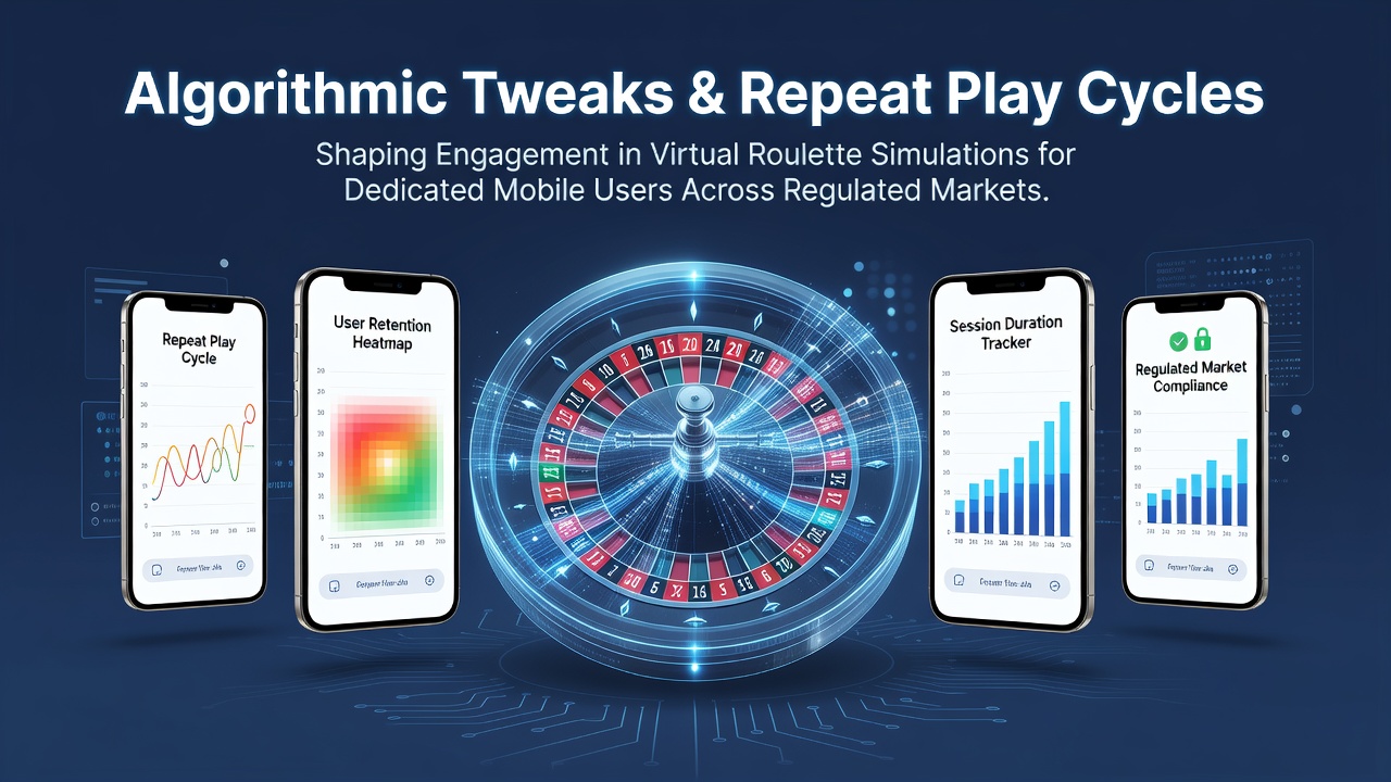 Mobile device displaying a virtual roulette wheel with algorithmic simulation overlays and user engagement metrics