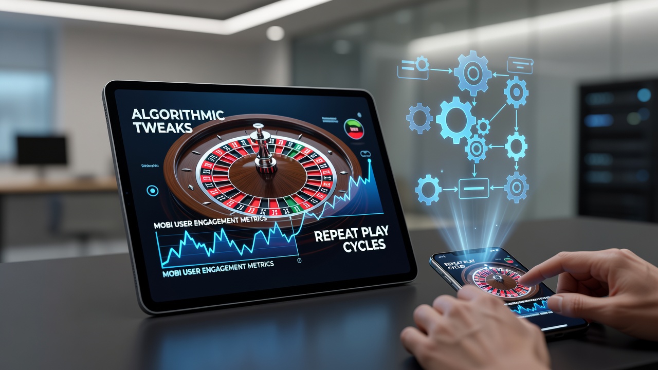 Analytics dashboard showing repeat play cycle graphs and roulette simulation parameters for mobile users