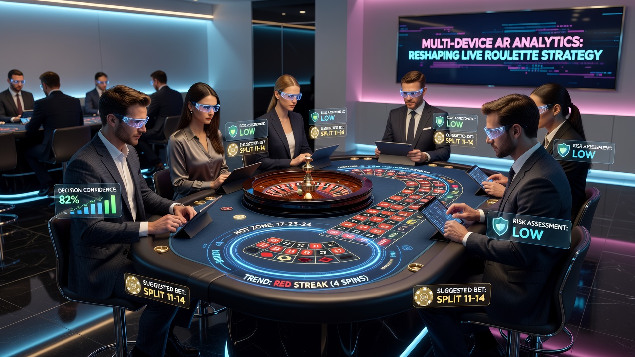 Player using tablet and smartphone simultaneously with augmented reality statistics visible during live roulette play