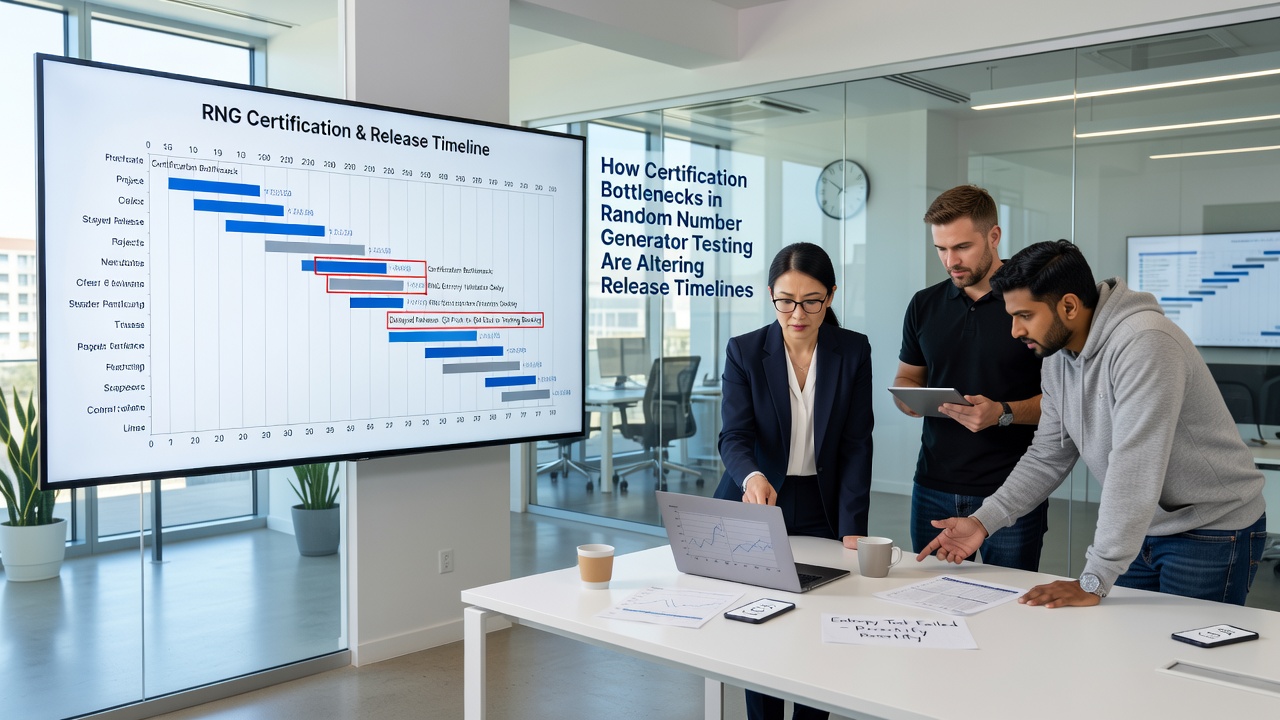 Developers reviewing certification timelines on multiple monitors in a gaming studio