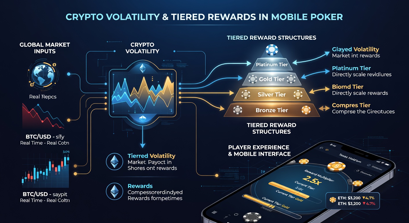 Cryptocurrency price charts overlaid on mobile poker interface showing tier adjustments