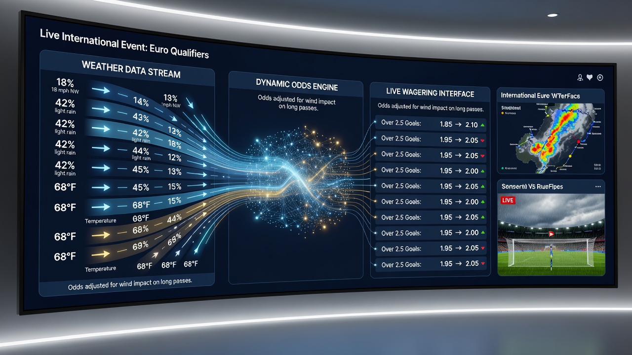 Weather data integration diagram showing real-time streams feeding into wagering platform algorithms for live sports events