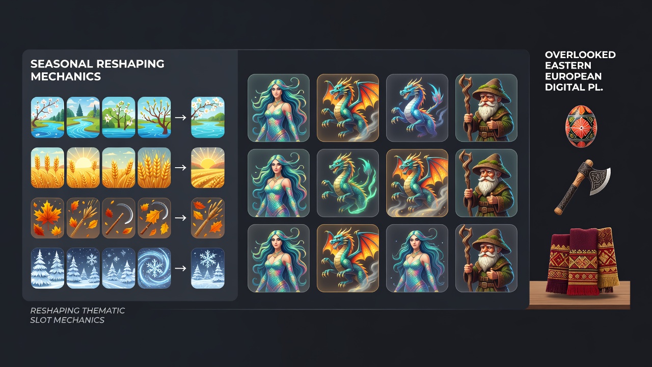 Close-up of thematic slot reels showing seasonal transitions between summer Kupala symbols and winter guardian icons on an Eastern European gaming interface