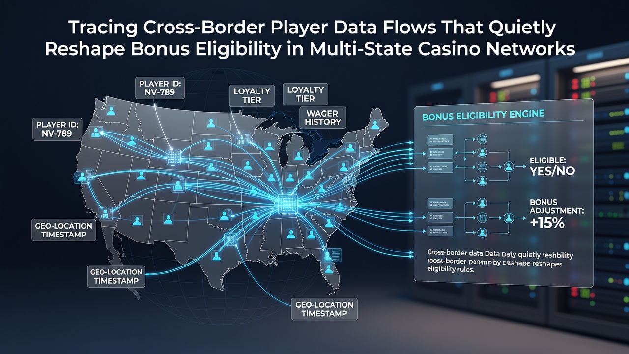 Illustration showing data flows between multiple state casino networks with player profiles and eligibility indicators
