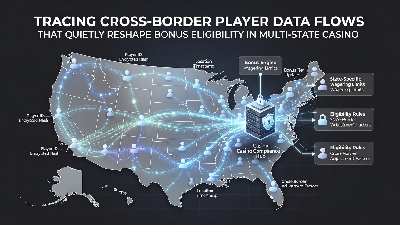 Network diagram depicting player profiles connected across state boundaries with bonus eligibility markers