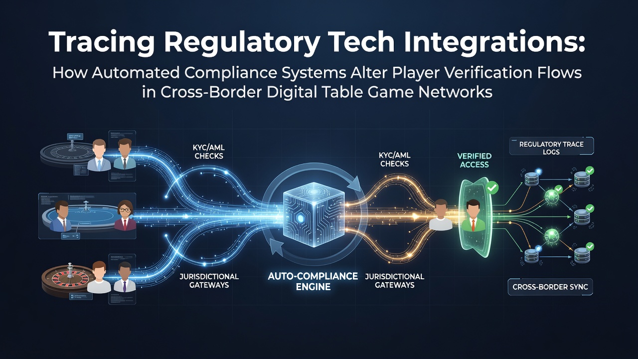 Automated compliance dashboard displaying real-time player verification metrics in digital table game networks