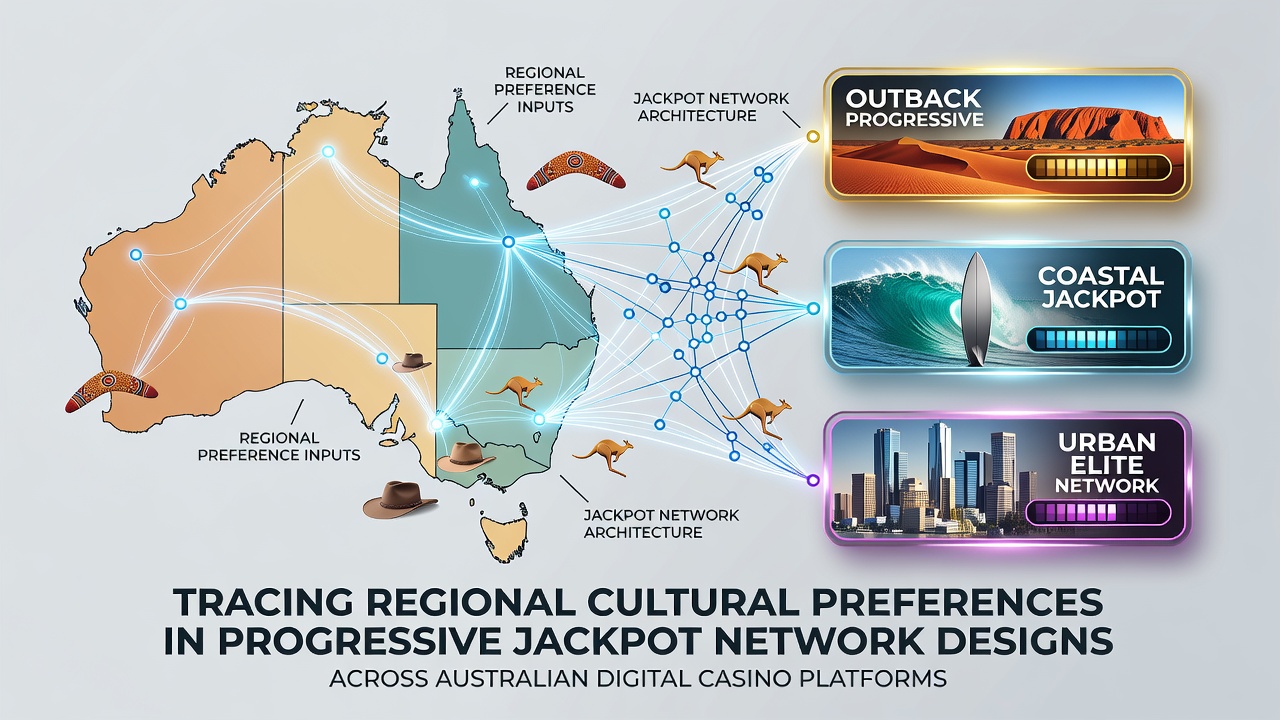Australian digital casino interface showing progressive jackpot networks with regional themes